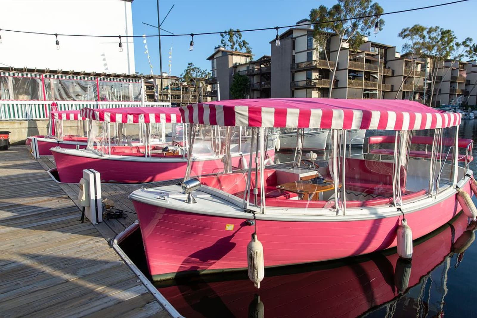 Pink Duffy boats tied up at the dock on Alamitos Bay