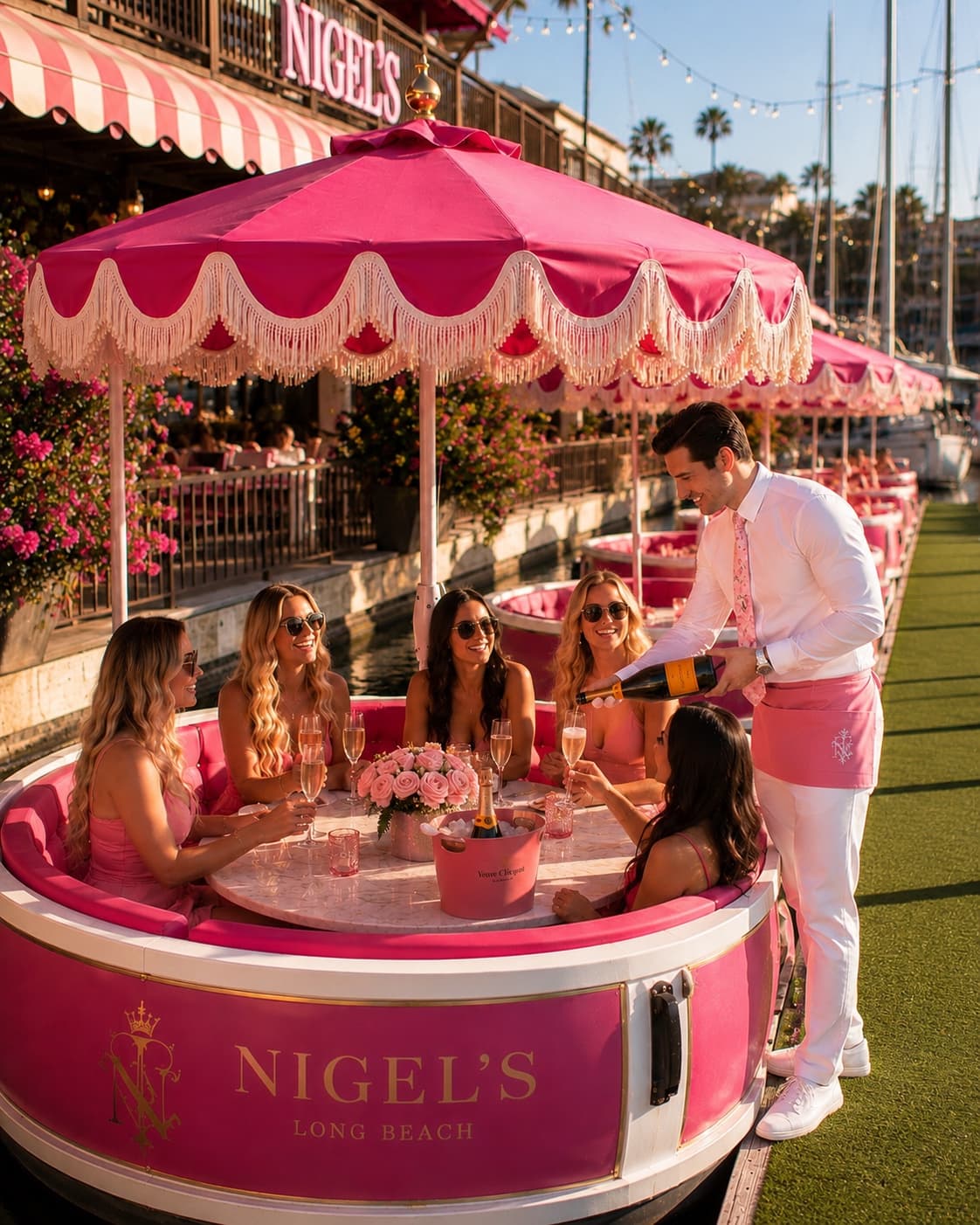 Guests enjoying champagne beneath a pink umbrella in waterfront seating at Nigel's
